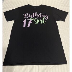 Black t-shirt, custom graphic, designed for a girl's 17th birthday. Size Small